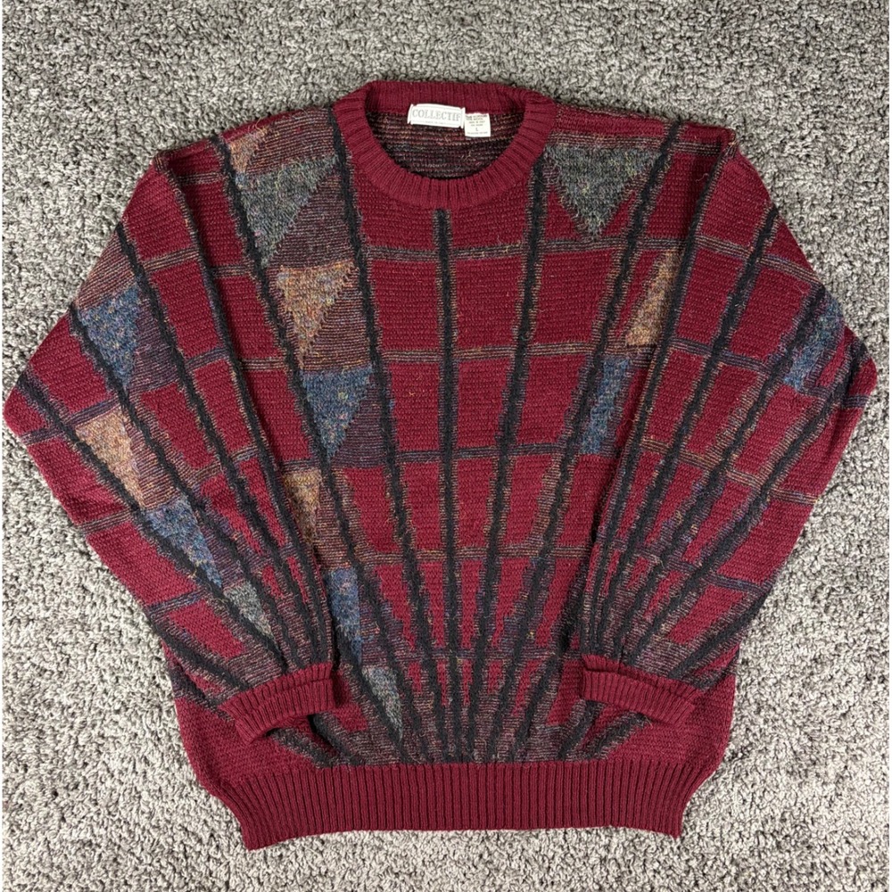 Vintage Collectif Mens Large Wool Blend Geometric Knit Sweater Made in Italy Red